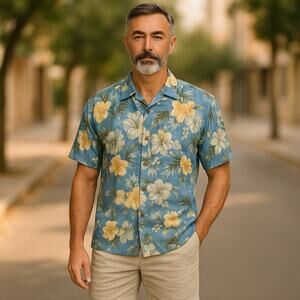 Tommy Bahama Mens Shirt Sz L Blue Yellow Floral Hawaiian Print 100% Silk